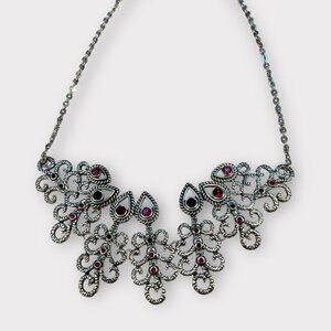 Women's Silver Collar Necklace with Hot Pink Stones | Statement Jewelry